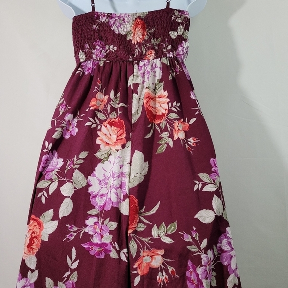 Band Of Gypsie Burgundy Floral Wide Leg Smocked Back Full Length Romper Sz XS - Picture 7 of 11